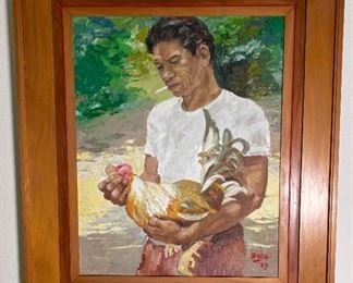 Original Art Demetrico Diego Man with Rooster Painting	Frame: 33.5 x 28.5 Image: 23.5 x 18.5	
