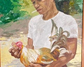 Original Art Demetrico Diego Man with Rooster Painting	Frame: 33.5 x 28.5 Image: 23.5 x 18.5	
