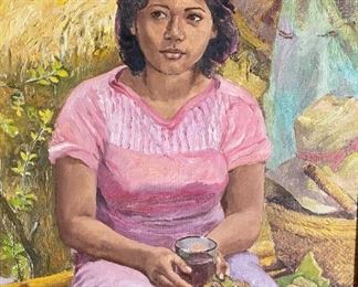 Original Art Demetrico Diego Woman with Tea Painting	Frame: 32 x 26Image: 23.75 x 18.75	
