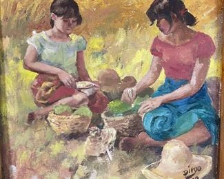 Original Art  Demetrico Diego  2 Girls Painting	Frame: 19.5 x 19Image: 11.25 x 10.25	
