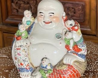 Antique Chinese Famille Rose Porcelain Laughing Buddha With Children Statue	10 x 9 x 5in	HxWxD
