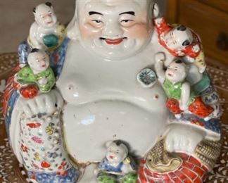 Antique Chinese Famille Rose Porcelain Laughing Buddha With Children Statue	10 x 9 x 5in	HxWxD
