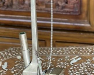 Antique Chinese Poppy Opium Pipe Etched Silver	11.5 inches high	
