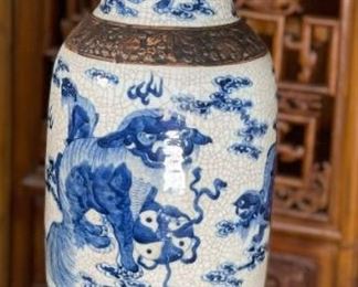 AS-IS Antique Chinese Blue & White Porcelain Vase Dragon	26 x 7 diameter At open	
