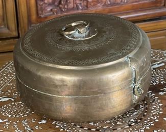 Hammered Brass Round Box	6.5in H x 11in  diameter	
