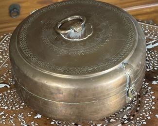 Hammered Brass Round Box	6.5in H x 11in  diameter	
