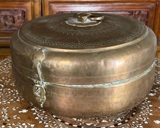 Hammered Brass Round Box	6.5in H x 11in  diameter	
