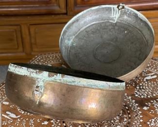 Hammered Brass Round Box	6.5in H x 11in  diameter	
