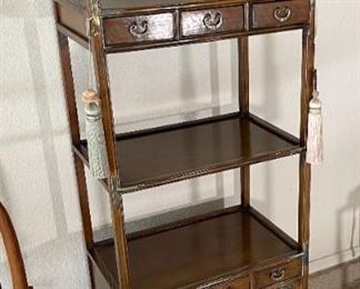 Chinese Brass & Wood Shelf Unit	66x 24.5 x 16in	HxWxD
