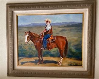 Original Art Cowboy on horse Rosa Leung Trombitas Oil Painting	Frame: 35 x 41	

