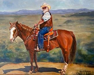 Original Art Cowboy on horse Rosa Leung Trombitas Oil Painting	Frame: 35 x 41	
