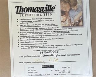 Thomasville Loveseat	39x73x42in	HxWxD
