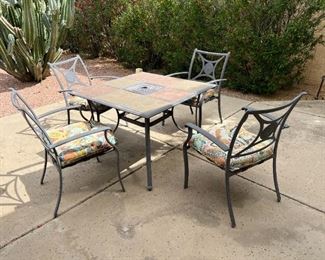 Outdoor slate patio table and four chairs	Table 28“ x 39“ x 39“ chair total height 30.75 inches ceiling height 19 inches	
