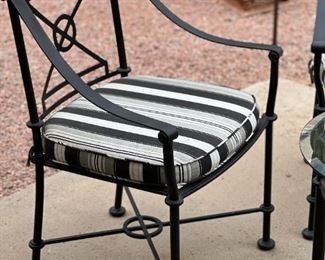 Outdoor wrought iron chairs and table	Table 21.5“ x 22.5“ in diameter chair 34.5“ x 19.5“ 20 inch seating height	
