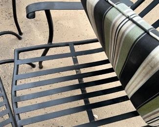 Outdoor wrought iron chairs with foot rests and wrought iron circular table	Table 22” x 24” in diameter chairs 36” x 25” seating height 19 inches	
