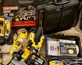 “Dewalt”like new: 
cordless rechargeable flashlight $15, cordless flashlight $20, 
cordless screwdriver $30,  charger $50
Craftsman combo wrench set w/case $195 
Ryobi Drill & Drive 125pc set $30