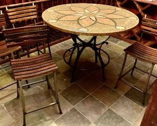 Walter E. Smithe 48”Rnd x 37h Mosaic Table w/iron base $295 
4 Wine Barrel Wood & Iron Framed Chairs  $75 ea
