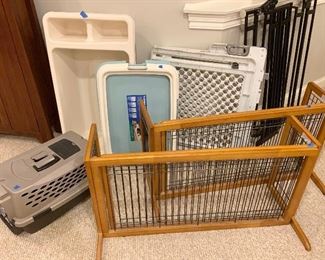 Dog gates and crates as marked
Back - Left to right: bathtub $15, 
pee pad tray $5 white gate $10sold
Front: small crate $18,  
wood gates $39ea sold