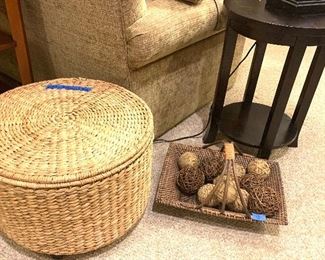 Wicker storage basket hassock $18 - sold
Woven handled basket w/ decorative balls $12