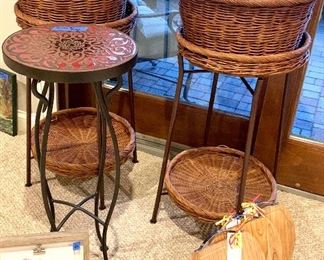 2-Wicker "party" bucket stands
16"sq ×34" $45 ea
Heavy Tile Top Plant stand 12"Sq×30" $18