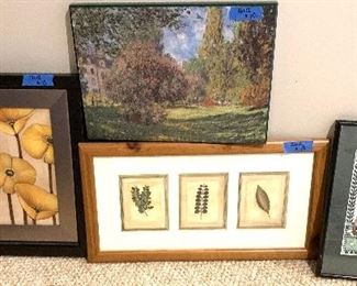 Left to right:
Yellow flowers 17 x 18 $10
Canvas 16 x 12 $15
Framed matted  leaves 22 x 12 $10
Framed golf saying 11x 14 $10