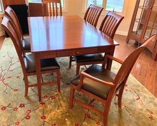 *Ethan Allen American Impressions Autumn Cherry Farmhouse (drawers on each side) Dining Table  42"×64"×30h with
2-18" leaves,  table pads $450
*2 Arm Chairs, 4 Side Chairs $500 SOLD