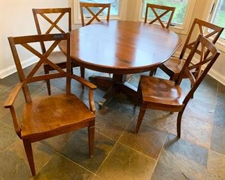 Ethan Allen Oval, when leaf in, Pedestal dining table 48"×66"×30", 2 armchairs &
4 side chairs Complete set $500
30 years old