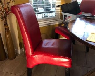 Set of 4 Grandinroad Red Leather Dining Chairs with Dining Table that matches the buffet and open hutch
