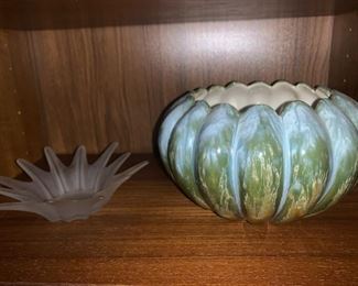 Vintage Mid Century Stretch Art Glass Starburst Bowl, Pumpkin Shaped Pottery Vase