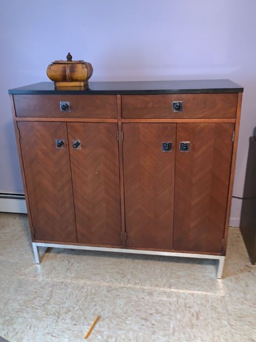 MCM Bookmatch Credenza Armoire Chrome Base Black Top