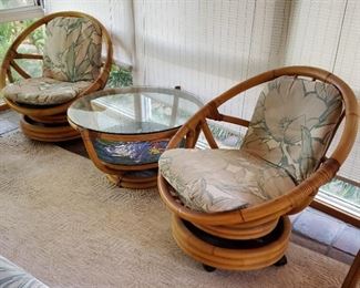 Vintage Rattan Bamboo Round Swivel Chairs and side table 