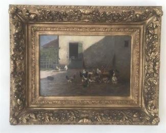 Martin Coulaud  oil on canvas - 17 x 25                       Farmyard with hens, rooster and sheep signed by artist lower left