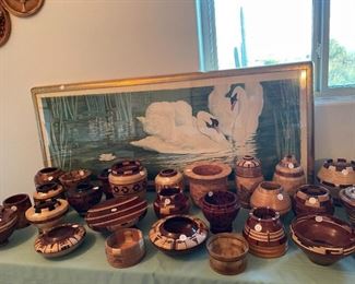 Wonderful carved exotic wood bowls, swan litho