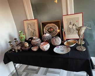 Mata Ortiz, horse, woodblock prints, silk needleworks, cobra candlesticks