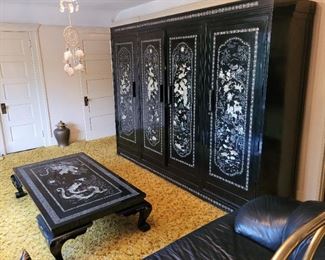 Black lacquer and inlaid mother of pearl coffee table and long cabinet