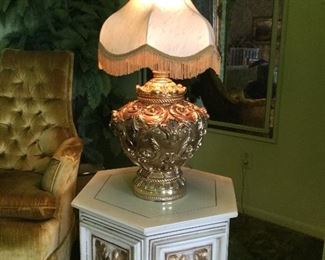  Hexagon White Wood End Table w/Gold Gilt  Applique                                                       Brass Tone Table Lamp w/Victorian Fringe Shade