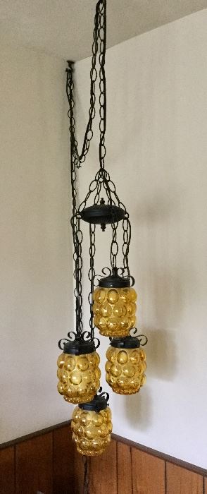 Vintage 4 Fixture Swag Hanging Lamp w/Chain  Gold Bubble Glass