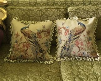 Vintage Tapestry Throw Pillow w/Peacocks
