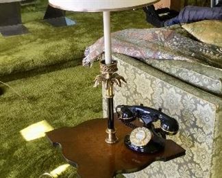 Vintage Brass Base Lamp w/Wood Table