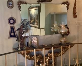 Vintage Wall Mirror w/ Brass Corners                                               Ornate Gold Tone  Sofa/Console Table                                             