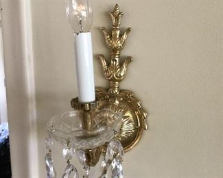 Pair Hard Wired Sconces - Brass/Crystal