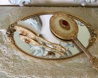 Vintage Ornate Hand Mirror, Brush & Vanity Tray