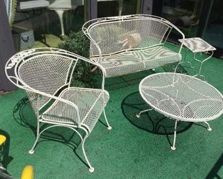 Vintage Woodard White Wire Mesh Patio Benches & Table