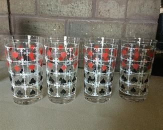 Set of 4 Tall Beverage Glasses w/Clubs - Hearts - Spades & Diamonds
