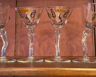 4 Vintage GAY FAD Martini Glasses Tipsy Face Crooked Bent Stem 