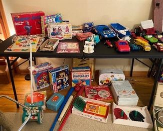 Wooden puzzles, phonograph player, horse shoe set amd much more