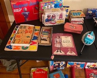 Super Joe, American girl paper dolls, wooden puzzles, Junior mixer, vintage flashcards for math