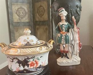 Very fine Royal Derby pot de crème 
Old Staffordshire and antique bronze lamp