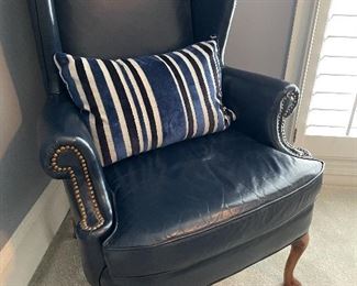 Navy leather wing back chair by Hickory Craft