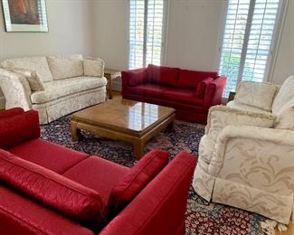 Pair of matching red loveseats, pair of matching Sherrill sofas